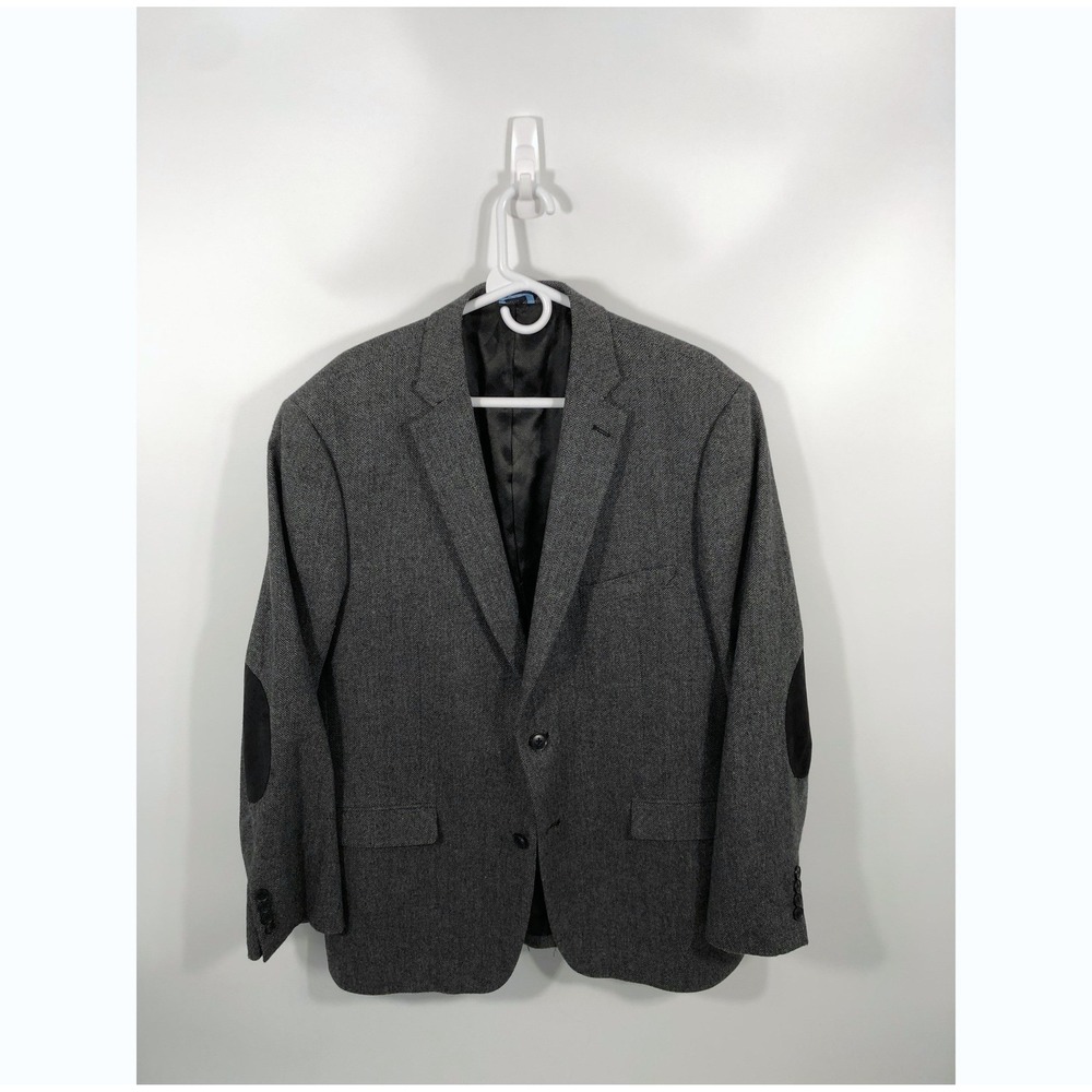 MADE Blazer Mens 46R Gray Wool Herringbone Elbow Patch Sport Coat Ivy Style